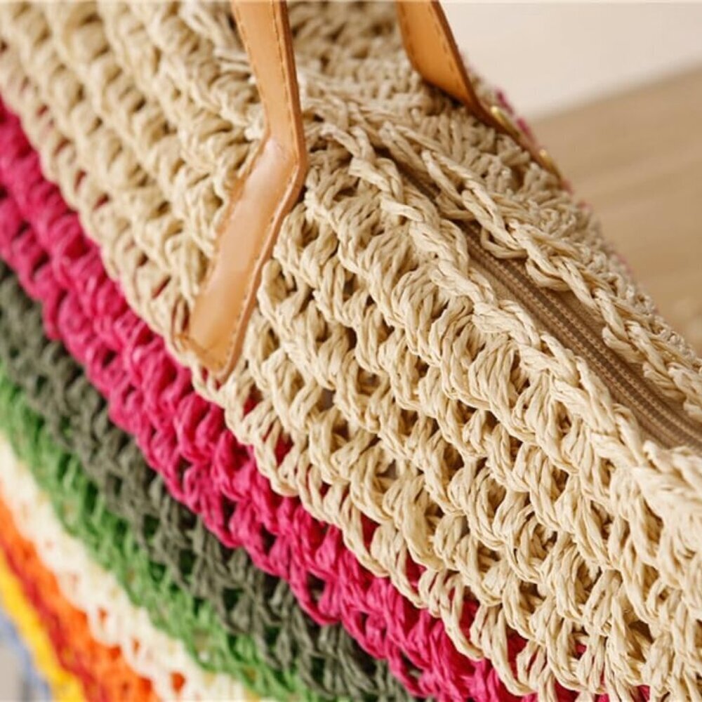 Rainbow Straw Bag for Women Beach Tote Handbag Large Capacity Summer Accessory - Picture 6 of 7